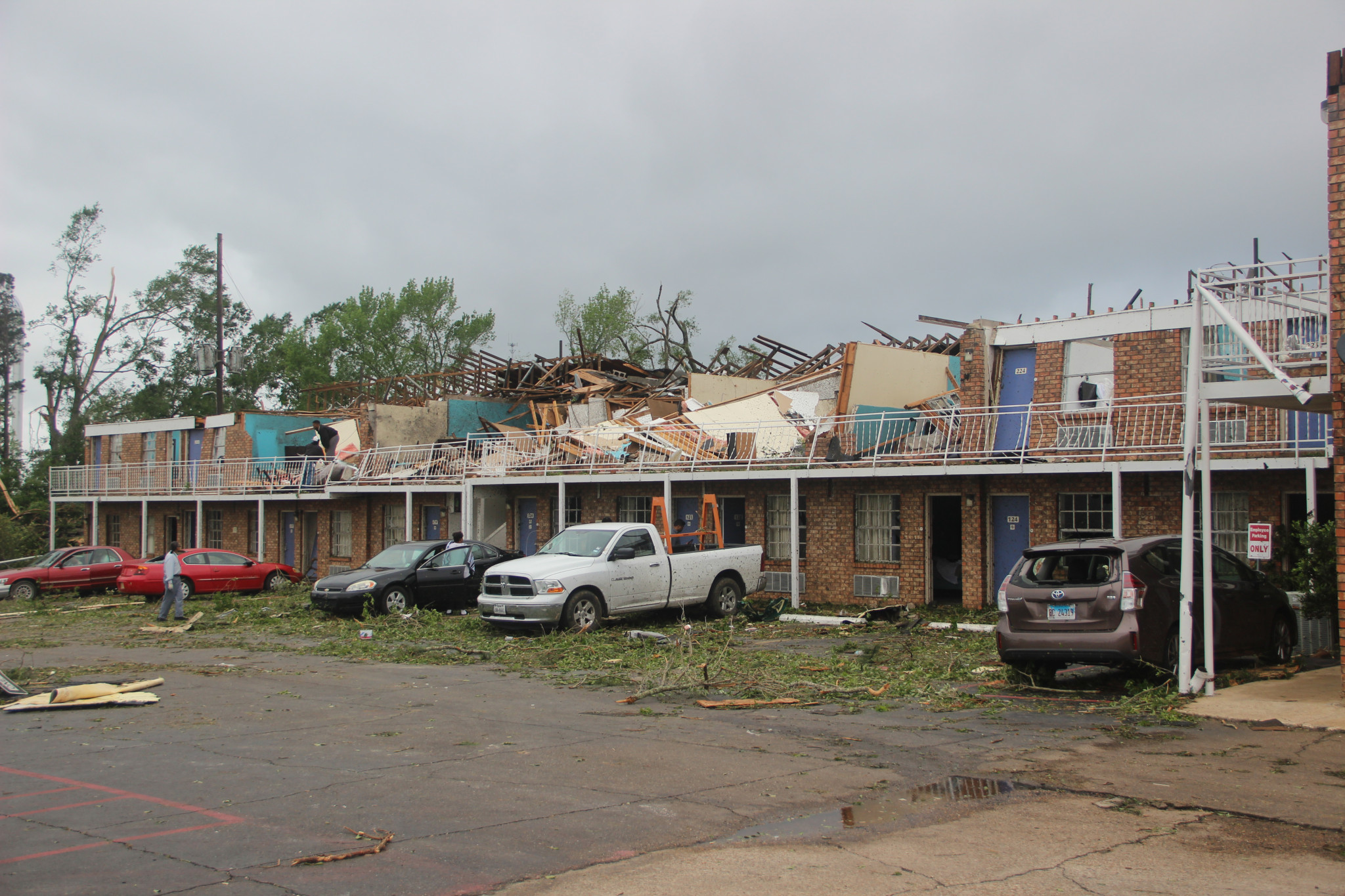 A ground view of the destroyed America's Best Value Inn as it stood the morning after the storm.