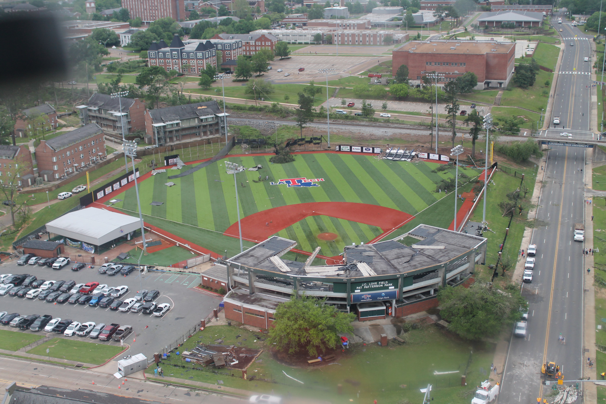An aerial view from April 25, 2019 of the Louisiana Tech University baseball field.